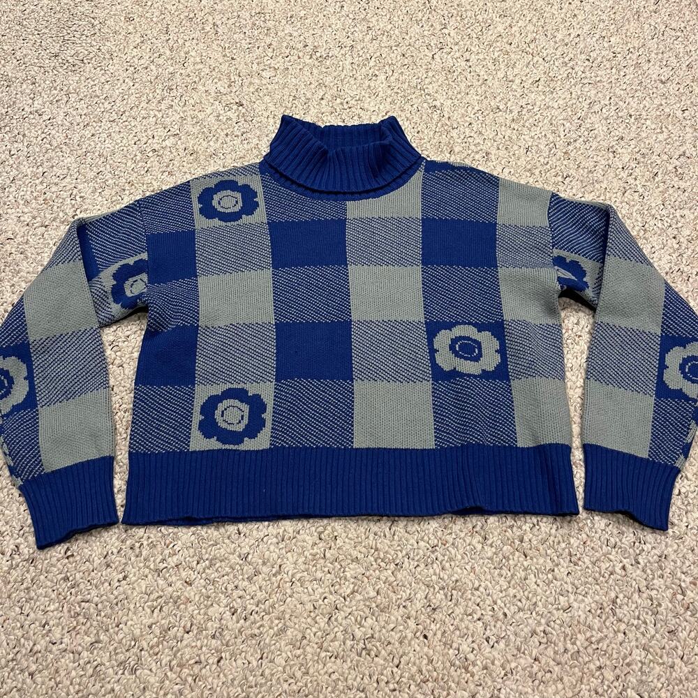 United By Blue Floral Buffalo Plaid Sweater Sz L Responsible Wool Organic Cotton